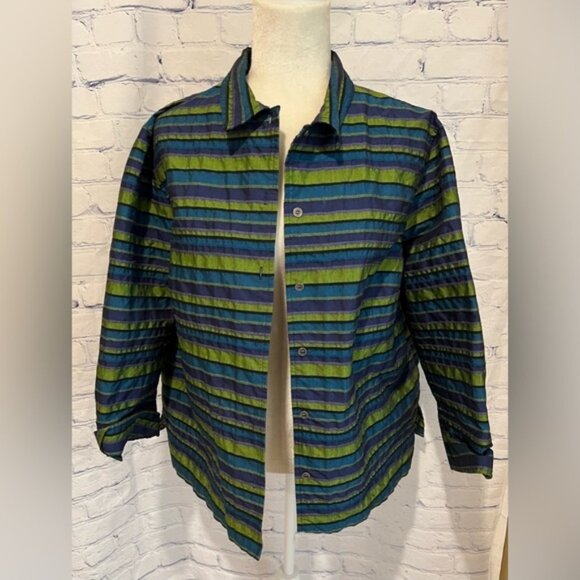 C.L.O.T.H.E.S. Womens Button Front Green Blue Stripe 3/4 Sleeve Collared 1X - Picture 2 of 6